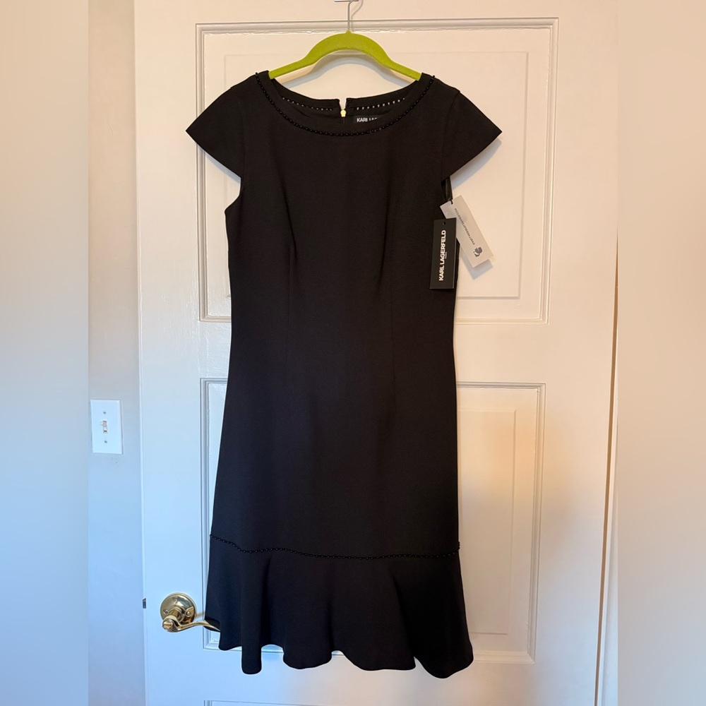 NWT Karl Lagerfeld Black Midi Dress with Cap Sleeves